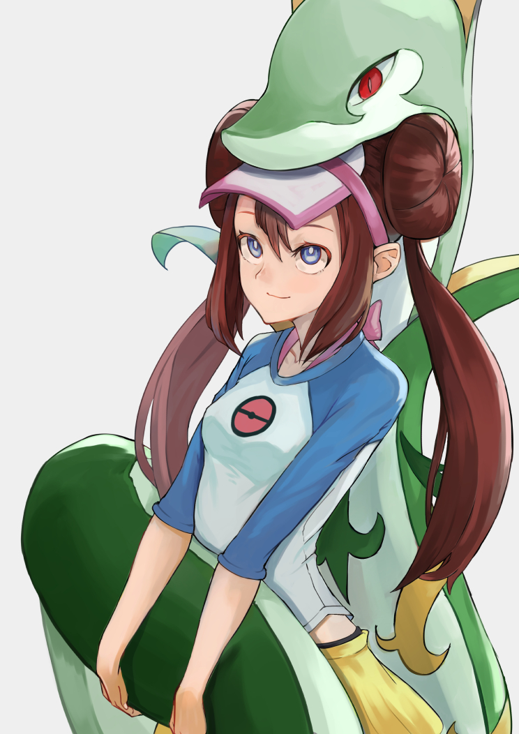 1girl blue_eyes brown_hair double_bun gen_5_pokemon hank10111213 long_hair looking_at_viewer mei_(pokemon) pokemon pokemon_(creature) pokemon_(game) pokemon_bw2 red_eyes serperior shirt sidelocks simple_background skirt smile t-shirt twintails visor_cap yellow_skirt