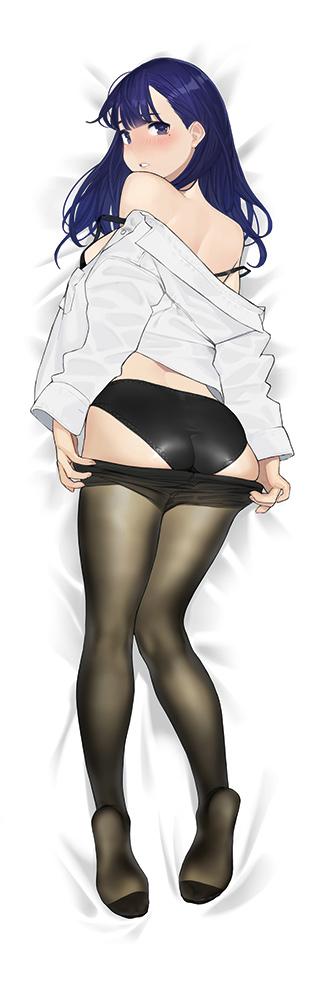 1girl ass back bangs bare_shoulders black_bra black_panties blue_eyes blue_hair blunt_bangs blush bra breasts dakimakura feet full_body long_hair long_sleeves looking_at_viewer looking_back lying medium_breasts miru_tights mole mole_under_eye nakabeni_yua no_shoes off_shoulder on_back on_stomach open_clothes open_shirt panties pantyhose pantyhose_pull parted_lips shirt skindentation solo underwear white_shirt yomu_(sgt_epper)