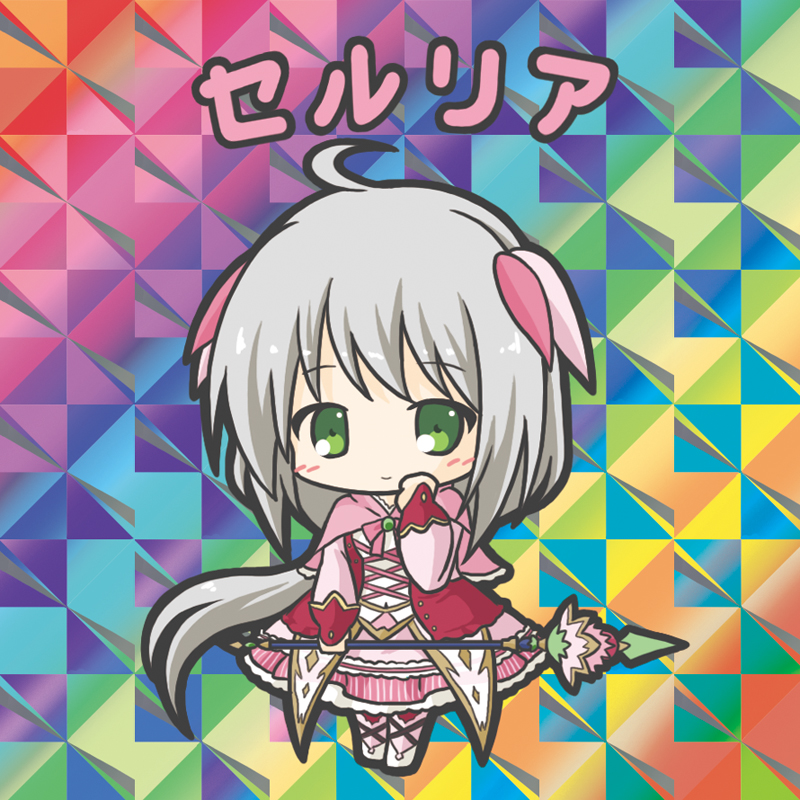 1girl ahoge bikkuriman_(style) blush capelet character_name chibi closed_mouth dress flower_knight_girl full_body green_eyes grey_hair hair_ribbon hand_up holding long_hair long_sleeves looking_at_viewer parody pink_capelet pink_dress pink_legwear pink_ribbon puffy_long_sleeves puffy_sleeves ribbon rinechun serruria_(flower_knight_girl) shoes sleeves_past_wrists smile socks solo standing very_long_hair white_footwear