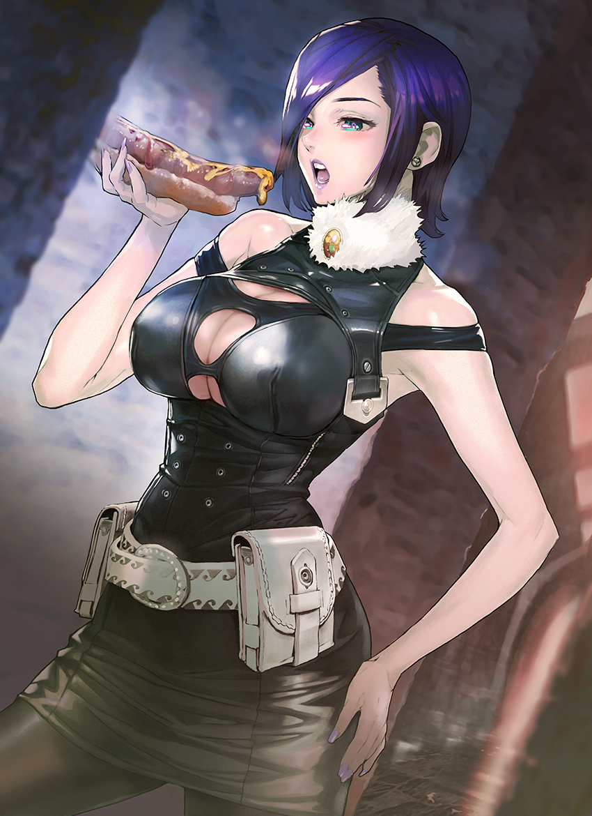 1girl bare_arms bare_shoulders belt blue_eyes breasts cleavage_cutout commentary_request dress dutch_angle earrings food fur_collar hand_on_hip holding holding_food hot_dog jewelry large_breasts leather maeshima_shigeki open_mouth original pantyhose pouch purple_hair short_hair skirt