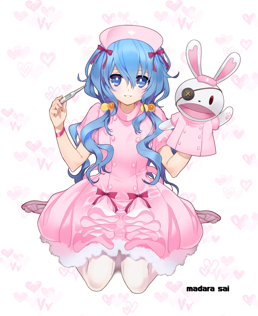 1girl artist_name blue_eyes blue_hair bow date_a_live dress full_body hair_between_eyes hair_bobbles hair_bow hair_ornament hair_over_shoulder hat holding_thermometer long_hair looking_at_viewer madara_sai nurse nurse_cap pantyhose parted_lips pink_dress red_bow shiny shiny_hair short_dress short_sleeves sitting smile solo very_long_hair wariza white_background white_legwear yoshino_(date_a_live) yoshinon