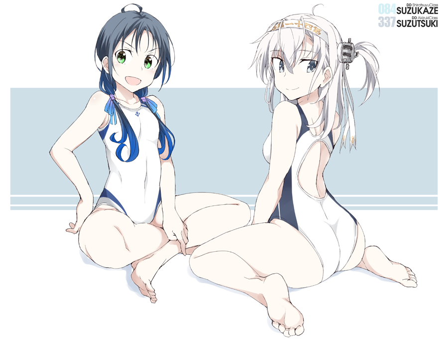2girls :d ahoge anchor ass bangs blue_hair blush breasts character_name clothes_writing competition_swimsuit crossed_legs eyebrows_visible_through_hair full_body gradient_hair hachimaki hair_ribbon headband kantai_collection long_hair low_twintails medium_breasts multicolored_hair multiple_girls one-piece_swimsuit one_side_up open_mouth ribbon silver_hair sitting small_breasts smile souji suzukaze_(kantai_collection) suzutsuki_(kantai_collection) swimsuit twintails white_headband