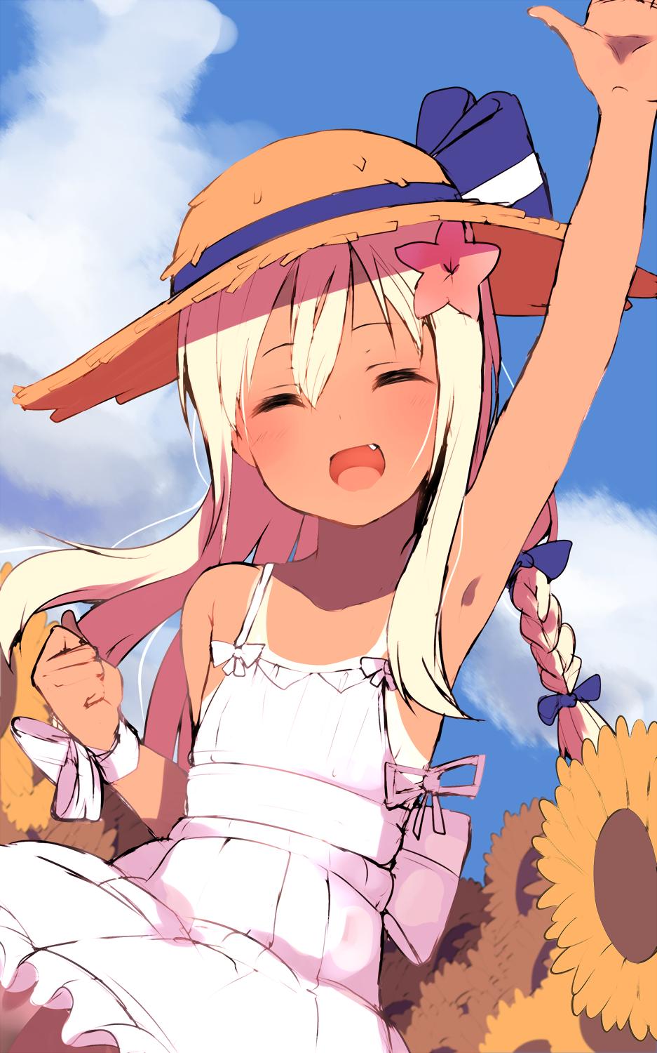 1girl alternate_costume alternate_hairstyle atsutoku blonde_hair blue_sky braid closed_eyes clouds commentary_request cowboy_shot day dress facing_viewer fang flower hat highres kantai_collection long_hair one-piece_tan open_mouth outdoors ro-500_(kantai_collection) single_braid sky smile solo spaghetti_strap straw_hat sun_hat sundress sunflower tan tanline waving