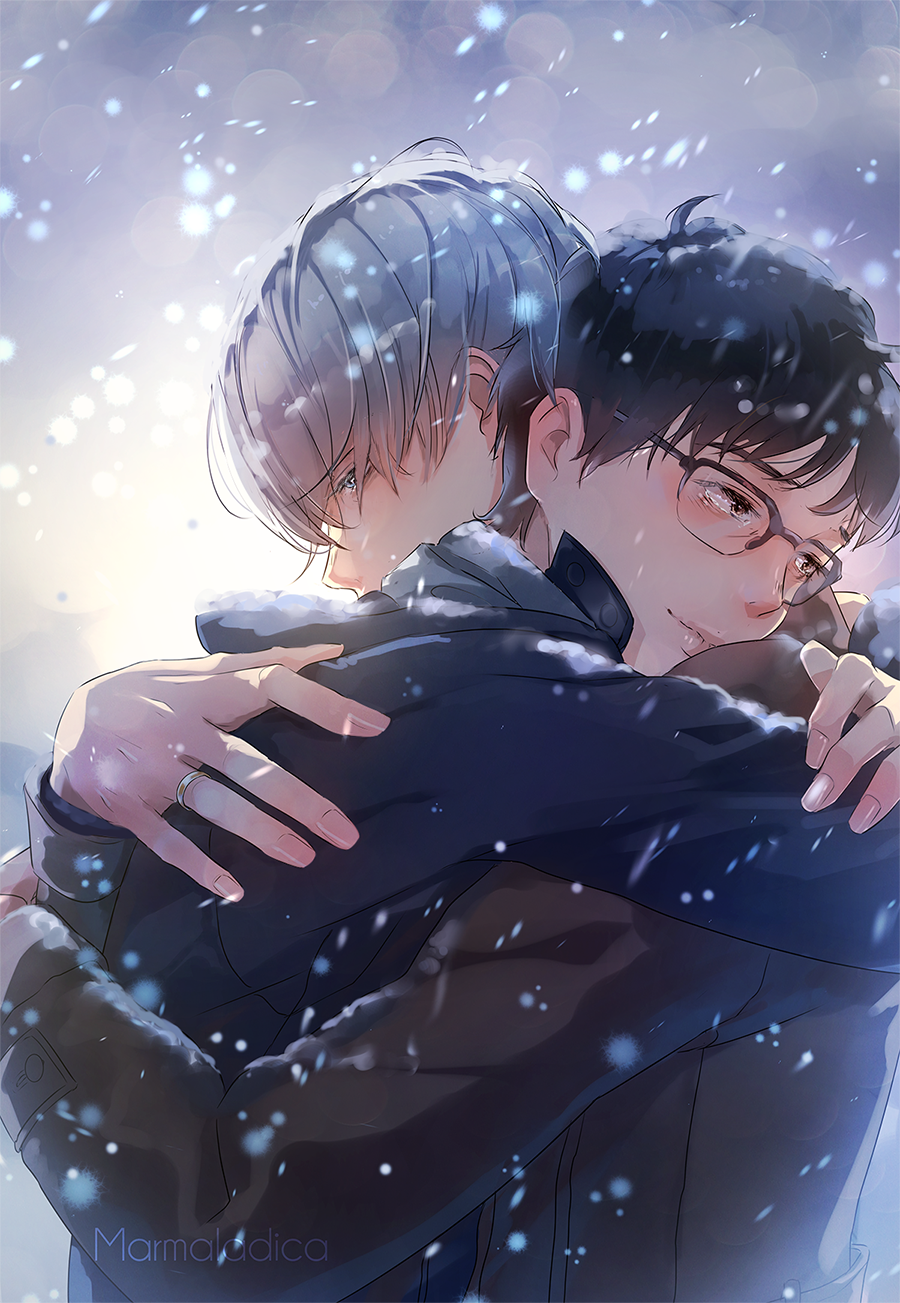 2boys artist_name black-framed_eyewear black_hair blue_eyes brown_eyes closed_mouth coat commentary couple english_commentary fingernails glasses grey_hair highres hood hood_down hug jewelry katsuki_yuuri lips long_sleeves male_focus marmalade_(elfless_vanilla) multiple_boys over-rim_eyewear ring semi-rimless_eyewear snowing upper_body viktor_nikiforov winter winter_clothes yaoi yuri!!!_on_ice