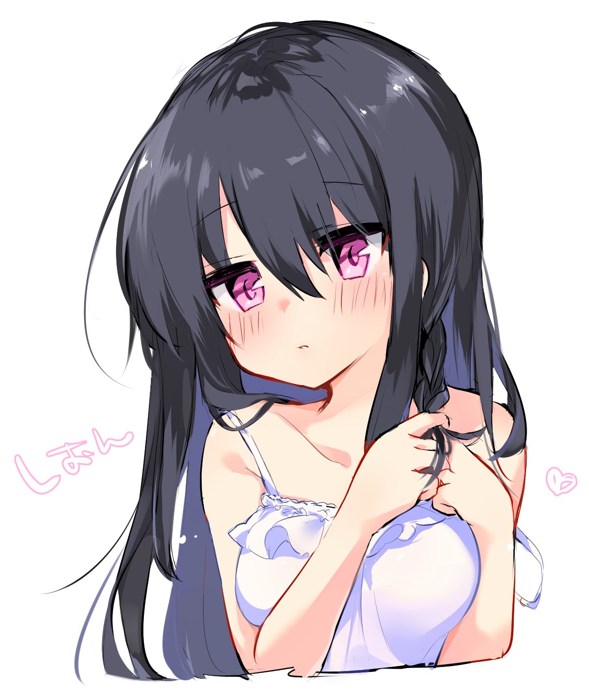 1girl black_hair blush braid braiding_hair breasts dress hairdressing highres kurimochi_chizuru long_hair original pink_eyes simple_background solo sundress upper_body very_long_hair white_background white_dress