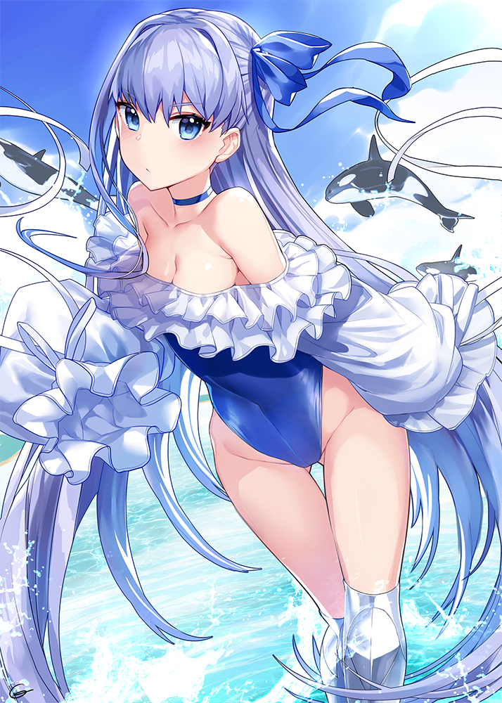 1girl ass_visible_through_thighs bangs bare_shoulders blue_ribbon blue_sky blue_swimsuit blush breasts choker closed_eyes clouds covered_navel day eyebrows_visible_through_hair fate/grand_order fate_(series) frills gendo0032 greaves hair_between_eyes hair_ornament hair_ribbon highleg highleg_swimsuit long_hair looking_at_viewer meltryllis meltryllis_(swimsuit_lancer)_(fate) ocean one-piece_swimsuit outdoors puffy_sleeves purple_hair ribbon sky sleeves_past_fingers sleeves_past_wrists small_breasts swimsuit thighs very_long_hair water whale