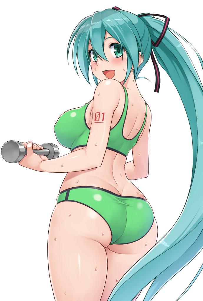 1girl :d ass blush bra breasts buruma commentary_request cowboy_shot dumbbell from_behind green_bra green_eyes green_hair hair_between_eyes hair_ribbon hatsune_miku high_ponytail holding hormone_koijirou large_breasts long_hair looking_at_viewer looking_back number open_mouth ribbon shirt simple_background smile solo sports_bra sweat underwear very_long_hair vocaloid white_background