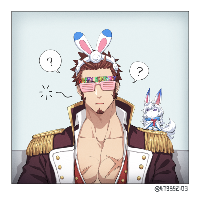 1boy 47_(479992103) ? animal_ears beard blue_eyes brown_hair chest collared_jacket epaulettes facial_hair fate/grand_order fate_(series) fou_(fate/grand_order) glasses happy_birthday jacket long_sleeves looking_at_viewer male_focus muscle napoleon_bonaparte_(fate/grand_order) open_clothes open_jacket open_mouth pectorals rabbit_ears scar simple_background solo uniform upper_body