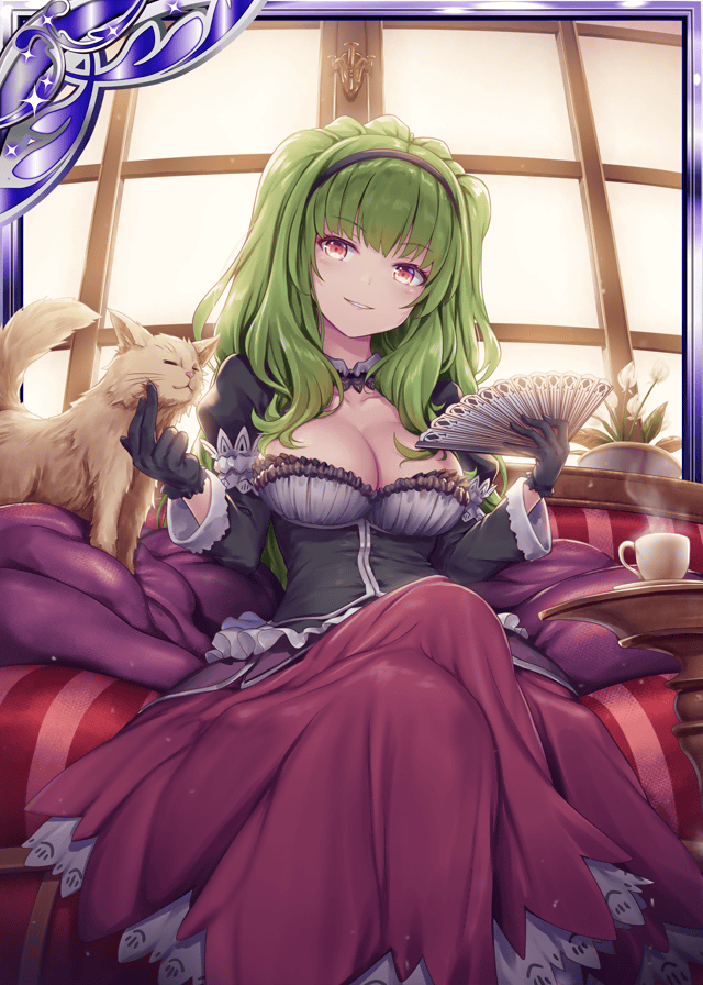 1girl akkijin black_gloves breasts card_(medium) cat chair cup curtains dress fan gloves green_hair hair_ornament holding holding_fan indoors large_breasts long_hair looking_at_viewer official_art purple_dress red_eyes shinkai_no_valkyrie sitting teacup window