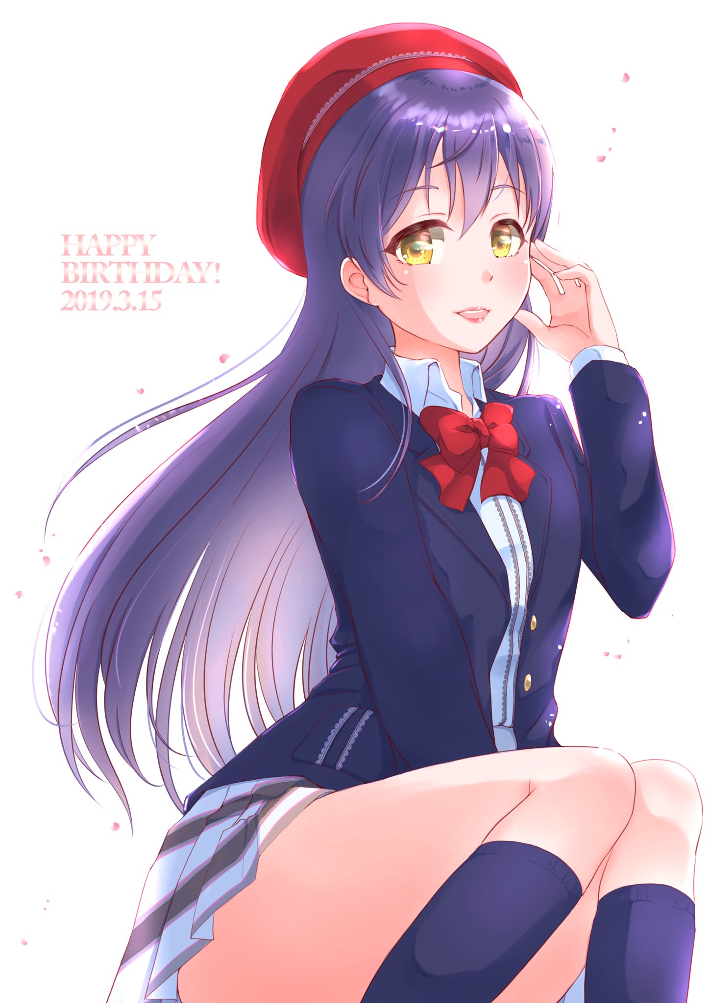 1girl bangs beret birthday blazer blue_hair blush bow bowtie commentary_request eyebrows_visible_through_hair hair_between_eyes happy_birthday hat highres jacket kobayashi_nyoromichi long_hair long_sleeves looking_at_viewer love_live! love_live!_school_idol_project open_mouth otonokizaka_school_uniform pleated_skirt red_headwear red_neckwear school_uniform simple_background sitting skirt smile solo sonoda_umi white_background yellow_eyes