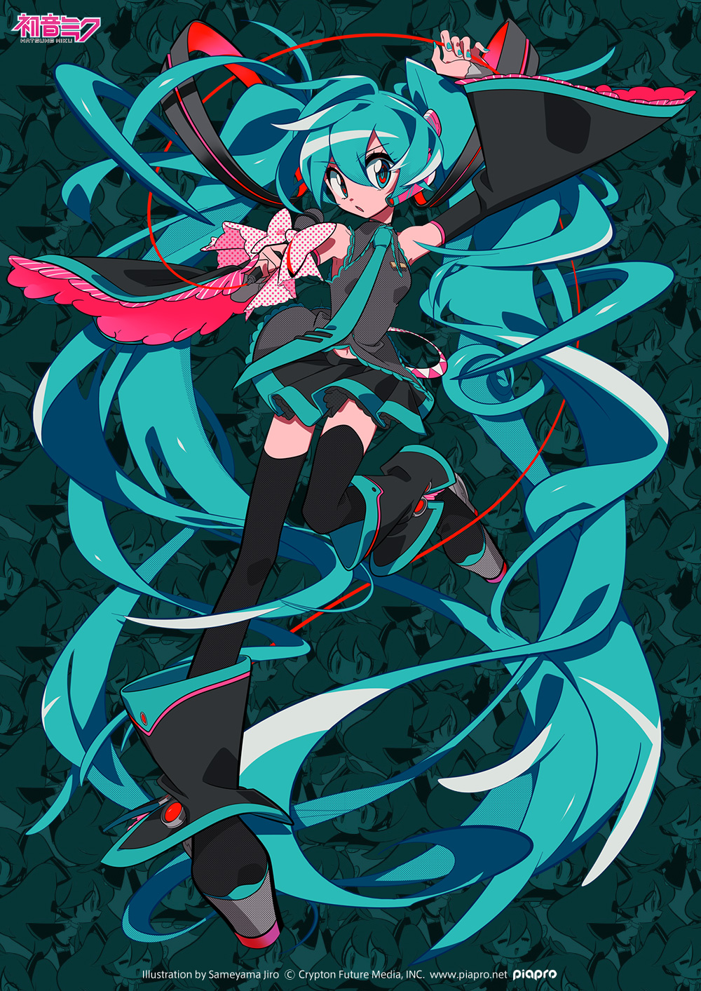 1girl aqua_eyes aqua_hair aqua_neckwear arm_up bare_shoulders belt black_legwear black_skirt boots bow bowtie cable character_name chibi commentary company_name detached_sleeves frilled_skirt frills full_body grey_shirt hair_ornament hatsune_miku hatsune_miku_expo headphones highres holding holding_microphone karabako long_hair long_legs looking_at_viewer microphone necktie official_art open_mouth polka_dot shirt skirt sleeveless sleeveless_shirt solo thigh-highs twintails very_long_hair vocaloid wide_sleeves zettai_ryouiki