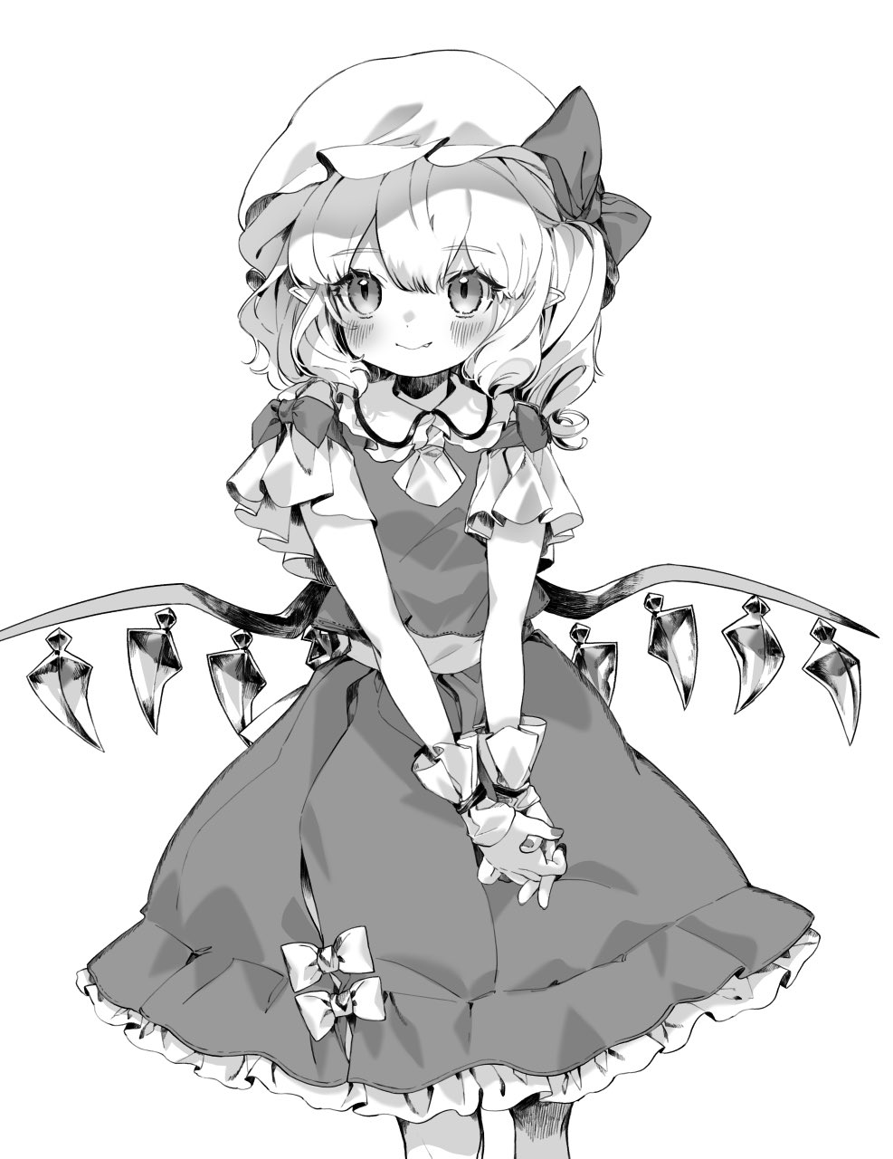 1girl ascot bangs blush bow cowboy_shot crystal eyebrows_visible_through_hair fang fang_out flandre_scarlet gotoh510 greyscale hair_between_eyes hat hat_bow highres looking_at_viewer mob_cap monochrome nail_polish one_side_up own_hands_together petticoat pointy_ears shirt short_hair short_sleeves sidelocks simple_background skirt smile solo standing touhou v_arms vest white_background wings wrist_cuffs