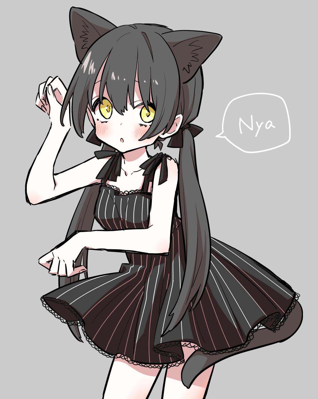 1girl adapted_costume animal_ears bare_arms bare_shoulders black_bow black_dress black_hair black_leopard_(kemono_friends) blush bow commentary_request cowboy_shot dress extra_ears eyebrows_visible_through_hair frilled_dress frills hair_bow hair_tie highres kemono_friends leopard_ears leopard_tail long_hair nyan paw_pose petit_ramune pleated_dress sleeveless solo spaghetti_strap speech_bubble tail twintails yellow_eyes