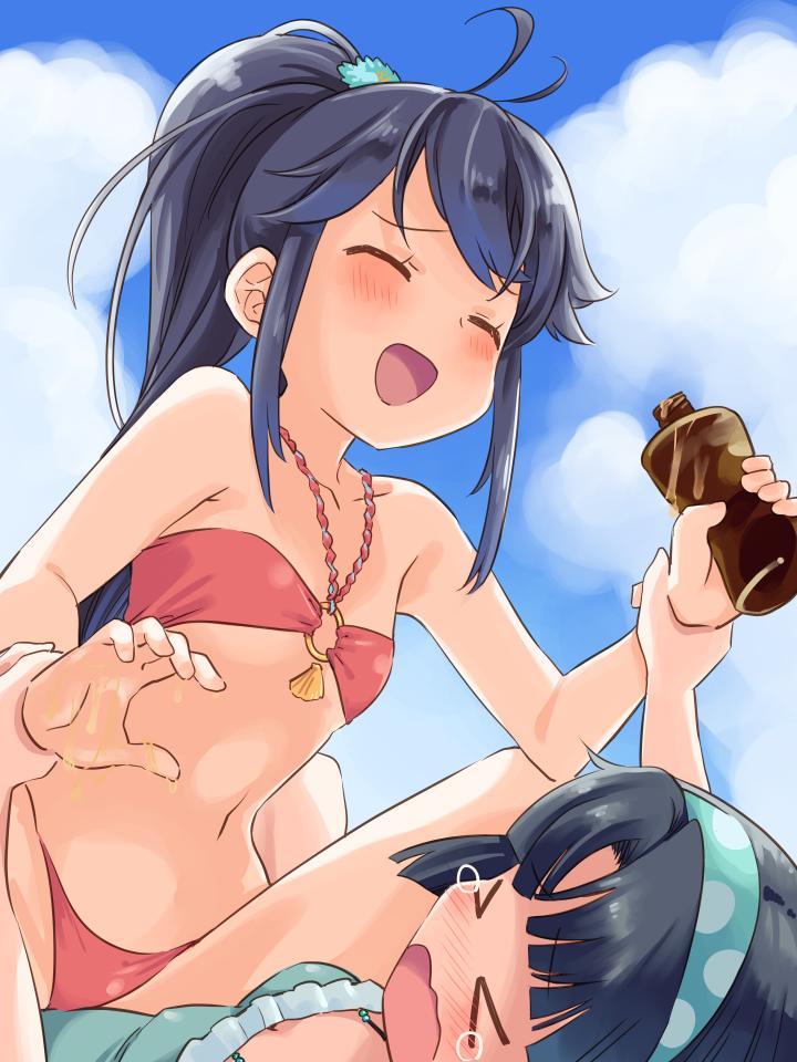 &gt;_&lt; 2girls ahoge bikini black_hair blush bottle breasts closed_eyes clouds commentary_request covered_nipples crying day eyebrows_visible_through_hair frilled_swimsuit frills grabbing_another's_hand hair_ornament hairband long_hair multiple_girls musumi_kiyoka navel o-ring o-ring_top one-piece_swimsuit open_mouth ponytail sky small_breasts smile straddling struggling swimsuit takano_natsuki tanning_oil tears toji_no_miko wrist_grab yamashiro_yui you_gonna_get_raped yuri