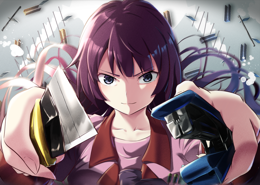 &gt;:) 1girl bakemonogatari bangs blue_eyes blurry blurry_background boxcutter closed_mouth collar collarbone collared_shirt commentary_request eyebrows_visible_through_hair floating floating_object foreshortening hair_spread_out holding holding_weapon long_hair looking_at_viewer monogatari_(series) necktie purple_hair purple_neckwear purple_shirt red_collar school_uniform senjougahara_hitagi shadow shiny shiny_hair shirt solo stapler tagame_(tagamecat) weapon