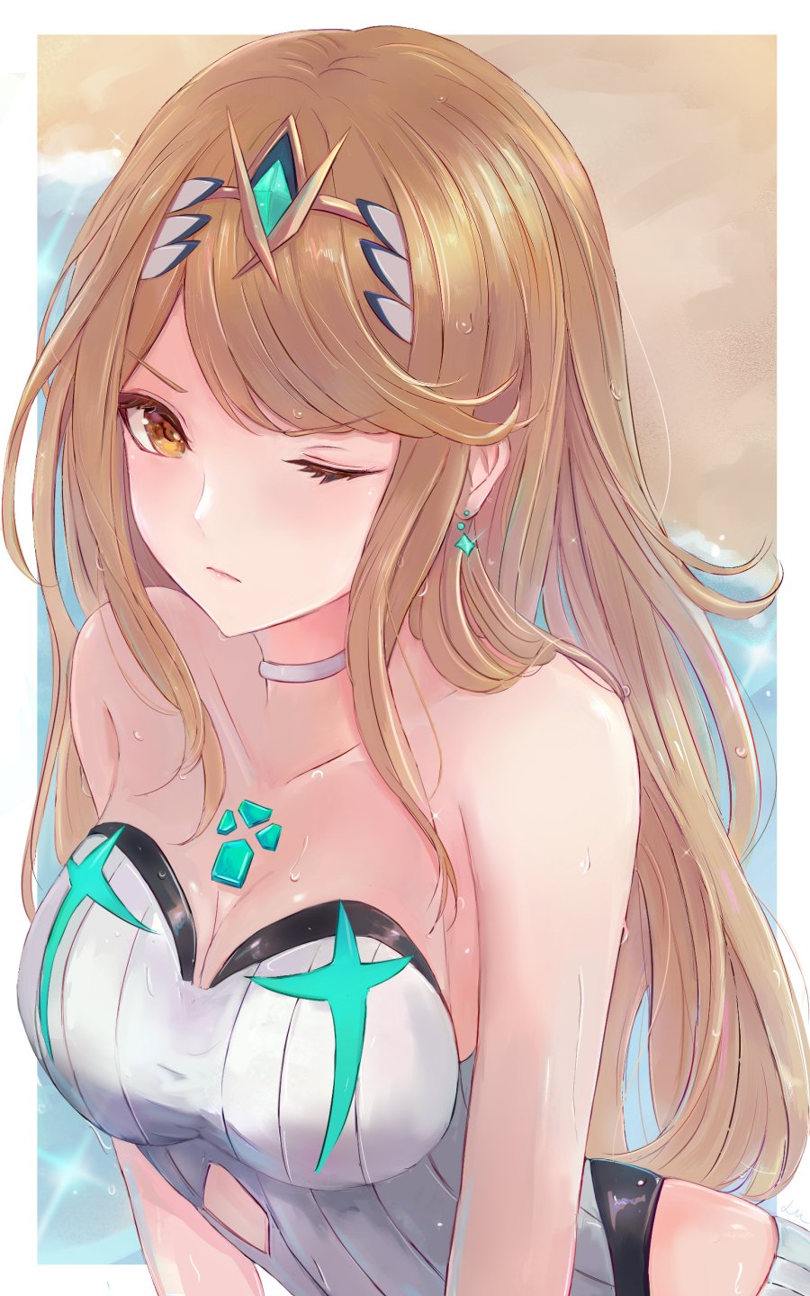 1girl bare_shoulders blonde_hair blush breasts highres mythra_(xenoblade) jewelry leonmandala long_hair looking_at_viewer one-piece_swimsuit one_eye_closed simple_background swimsuit tiara water wet xenoblade_(series) xenoblade_2