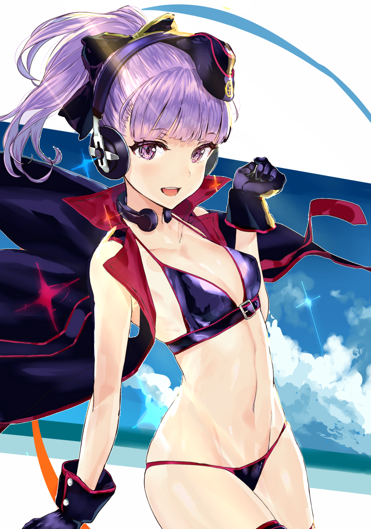 1girl bangs bare_shoulders bikini black_bikini black_bow black_gloves black_headwear black_vest blue_sky blush bow breasts collarbone fate/grand_order fate_(series) garrison_cap gloves hair_bow hat headphones helena_blavatsky_(fate/grand_order) helena_blavatsky_(swimsuit_archer)_(fate) looking_at_viewer navel open_mouth ponytail purple_hair short_hair sky small_breasts smile sparkle swimsuit temir throat_microphone vest violet_eyes wind wind_lift