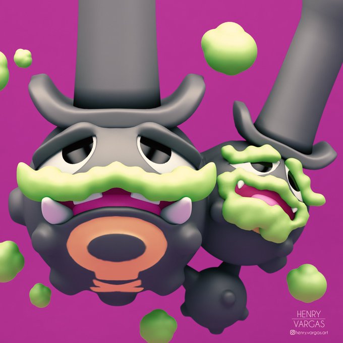 3d artist_name black_eyes galar_form galarian_weezing gen_8_pokemon henry_vargas instagram instagram_username no_humans pokemon pokemon_(creature) pokemon_swsh purple_background smoke teeth top_hat