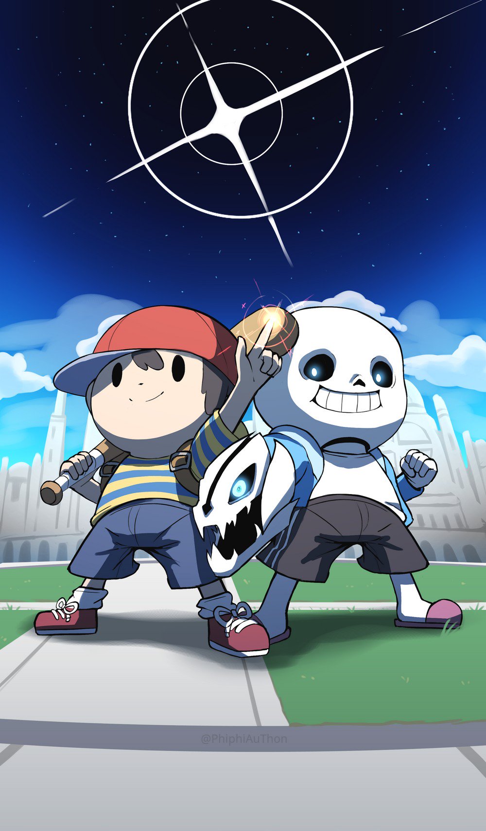 2boys ape_(company) baseball_bat blue_eyes bone child cosplay earthbound gasterblaster hal_laboratory_inc. hat highres hood human jacket looking_at_viewer male_focus mask mii_(nintendo) mother_(game) mother_2 multiple_boys ness nintendo phiphi-au-thon sans sans_(cosplay) skeleton smile sora_(company) super_smash_bros. super_smash_bros._ultimate toby_fox_(publisher) undertale weapon