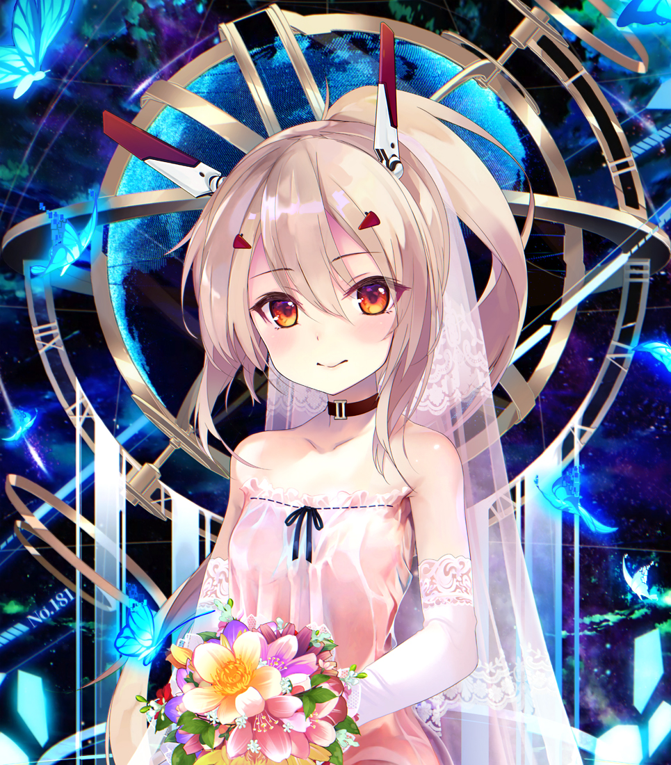 1girl ayanami_(azur_lane) azur_lane bangs bare_shoulders blonde_hair bouquet breasts bug butterfly choker closed_mouth collarbone commentary_request dress elbow_gloves flower gloves hair_between_eyes hair_ornament headgear holding holding_bouquet insect long_hair looking_at_viewer orange_eyes ponytail retrofit_(azur_lane) shirokitsune sleeveless sleeveless_dress small_breasts smile solo strapless strapless_dress upper_body wedding_dress white_dress white_gloves