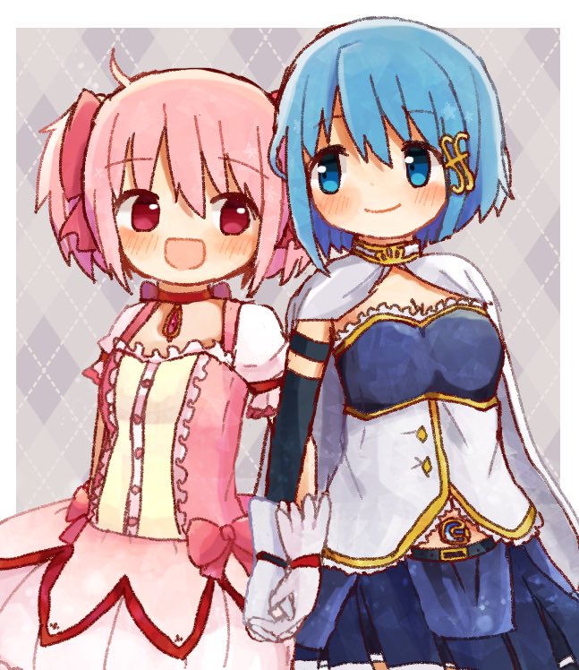 2girls bangs belt blue_eyes blue_hair cape dress hair_ornament hair_ribbon hairclip holding_hands kaname_madoka looking_at_another mahou_shoujo_madoka_magica miki_sayaka multiple_girls musical_note_hair_ornament okayutoma open_mouth pink_eyes pink_hair ribbon short_hair skirt smile soul_gem twintails