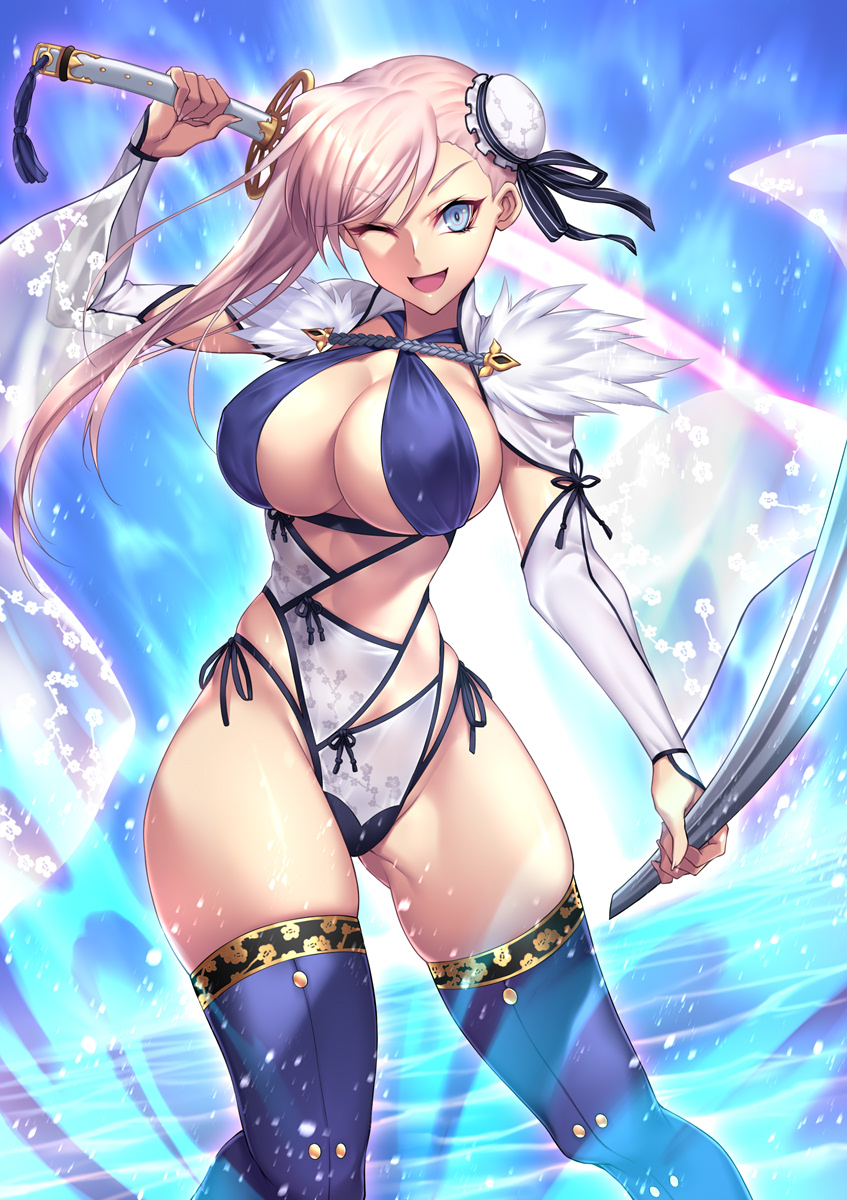 asymmetrical_hair boots breasts bun_cover criss-cross_halter fate/grand_order fate_(series) hair_bun halterneck highres large_breasts miyamoto_musashi_(fate/grand_order) miyamoto_musashi_(swimsuit_berserker)_(fate) nasaniliu one_eye_closed single_sidelock swimsuit thigh-highs thigh_boots toy_sword