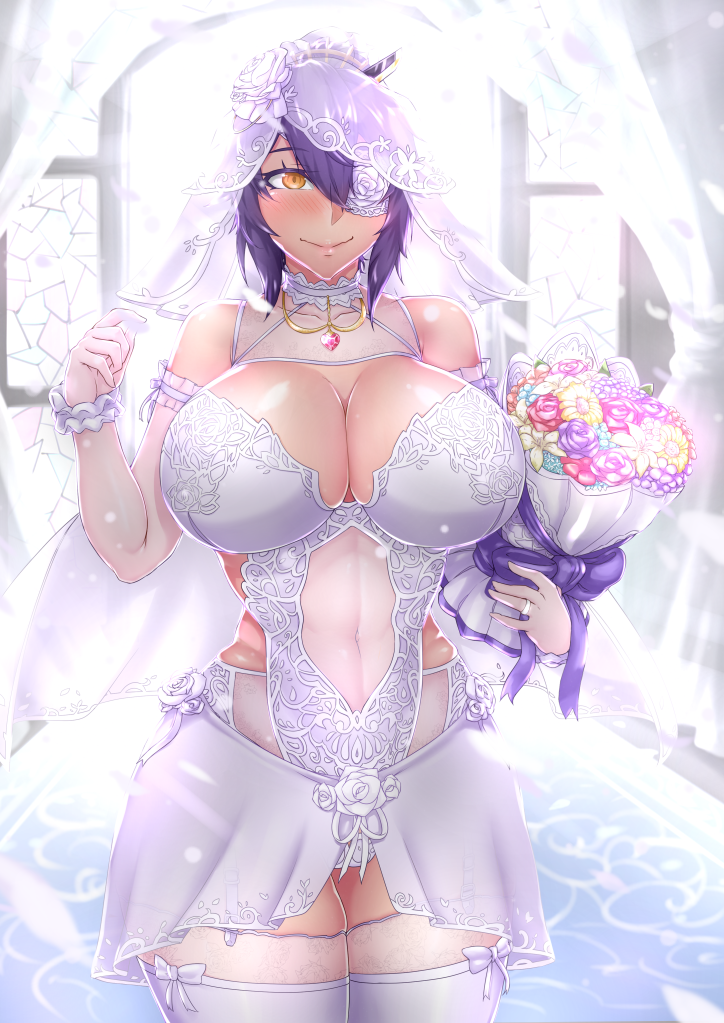 1girl alternate_costume blush bouquet chanary cleavage dress eyepatch kantai_collection navel navel_cutout purple_hair short_hair smile solo tagme tenryuu_(kantai_collection) wedding_dress wedding_veil yellow_eyes