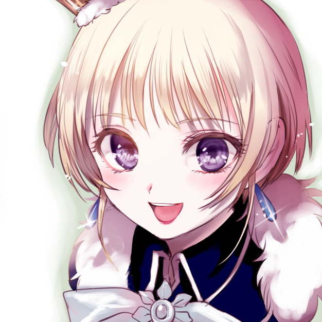 1boy bangs blonde_hair blush crown earrings idolmaster idolmaster_side-m jewelry looking_at_viewer male_focus maruino open_mouth pierre_(idolmaster) smile solo violet_eyes