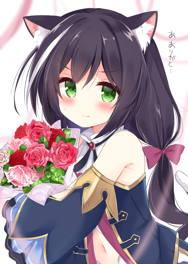 1girl animal_ear_fluff animal_ears bangs bare_shoulders black_hair black_sleeves blurry blurry_background blush bouquet bow brown_bow cat_ears cat_tail closed_mouth commentary_request depth_of_field detached_sleeves eyebrows_visible_through_hair flower green_eyes hair_between_eyes hair_bow kujou_danbo kyaru_(princess_connect) long_hair long_sleeves looking_at_viewer low_twintails multicolored_hair navel pink_flower pink_rose princess_connect! princess_connect!_re:dive red_flower red_rose rose shirt sleeveless sleeveless_shirt solo streaked_hair sweat tail translated twintails upper_body v-shaped_eyebrows very_long_hair wavy_mouth white_hair white_shirt wide_sleeves