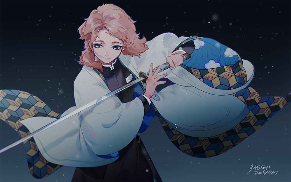 1boy bangs black_background black_pants blue_eyes coat cowboy_shot dated facial_scar gradient gradient_background haori japanese_clothes katana kimetsu_no_yaiba long_sleeves looking_to_the_side medium_hair motsiko orange_hair pants parted_bangs sabito_(kimetsu) scabbard scar sheath signature simple_background snow solo sword uniform unsheathed weapon wide_sleeves