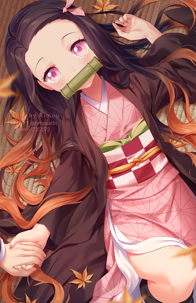 1girl artist_name autumn_leaves bamboo bangs bit_gag black_hair blurry blurry_foreground brown_hair checkered commentary depth_of_field english_commentary fingernails forehead gag gradient_hair hair_ribbon hand_up holding_hands japanese_clothes kamado_nezuko kimetsu_no_yaiba kimono leaf long_hair long_sleeves looking_at_viewer lying maple_leaf mouth_hold multicolored_hair obi on_back on_floor open_clothes parted_bangs pink_eyes pink_kimono pink_ribbon pixiv_username ribbon rimuu sash sharp_fingernails solo_focus twitter_username very_long_hair wide_sleeves