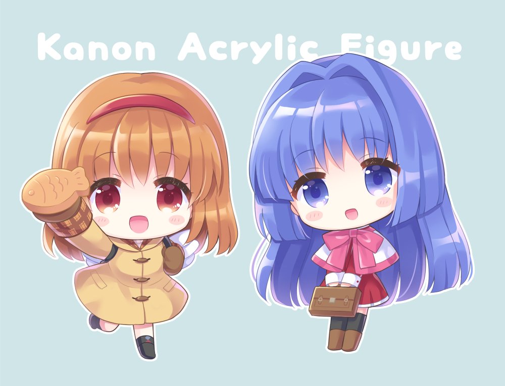 2girls backpack bag black_footwear black_legwear blue_background blue_eyes blue_hair boots brown_coat brown_footwear brown_hair brown_mittens chibi coat commentary_request dress food full_body hair_intakes hairband hoshimame_mana kanon long_hair long_sleeves looking_at_viewer minase_nayuki mittens multiple_girls red_dress red_eyes school_bag school_uniform shawl short_hair simple_background smile taiyaki thigh-highs tsukimiya_ayu wagashi winged_backpack