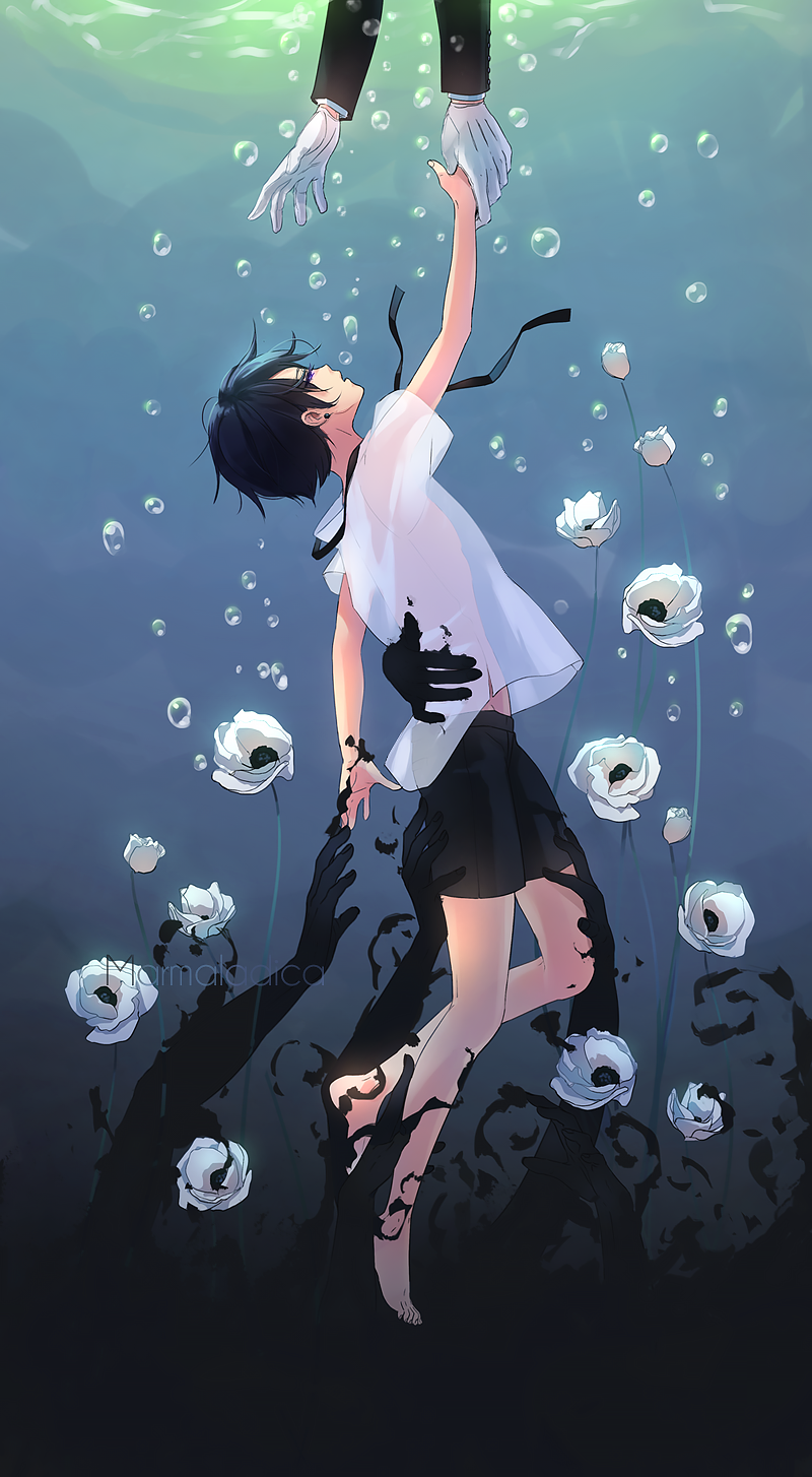 2boys air_bubble anemone_(flower) artist_name barefoot black_hair black_ribbon black_shorts bubble ciel_phantomhive commentary disembodied_limb earrings english_commentary flower gloves highres holding_hands jewelry kuroshitsuji long_sleeves looking_up male_focus marmalade_(elfless_vanilla) multiple_boys out_of_frame outstretched_arm reaching ribbon sebastian_michaelis see-through shirt short_sleeves shorts solo_focus underwater violet_eyes white_flower white_gloves white_shirt