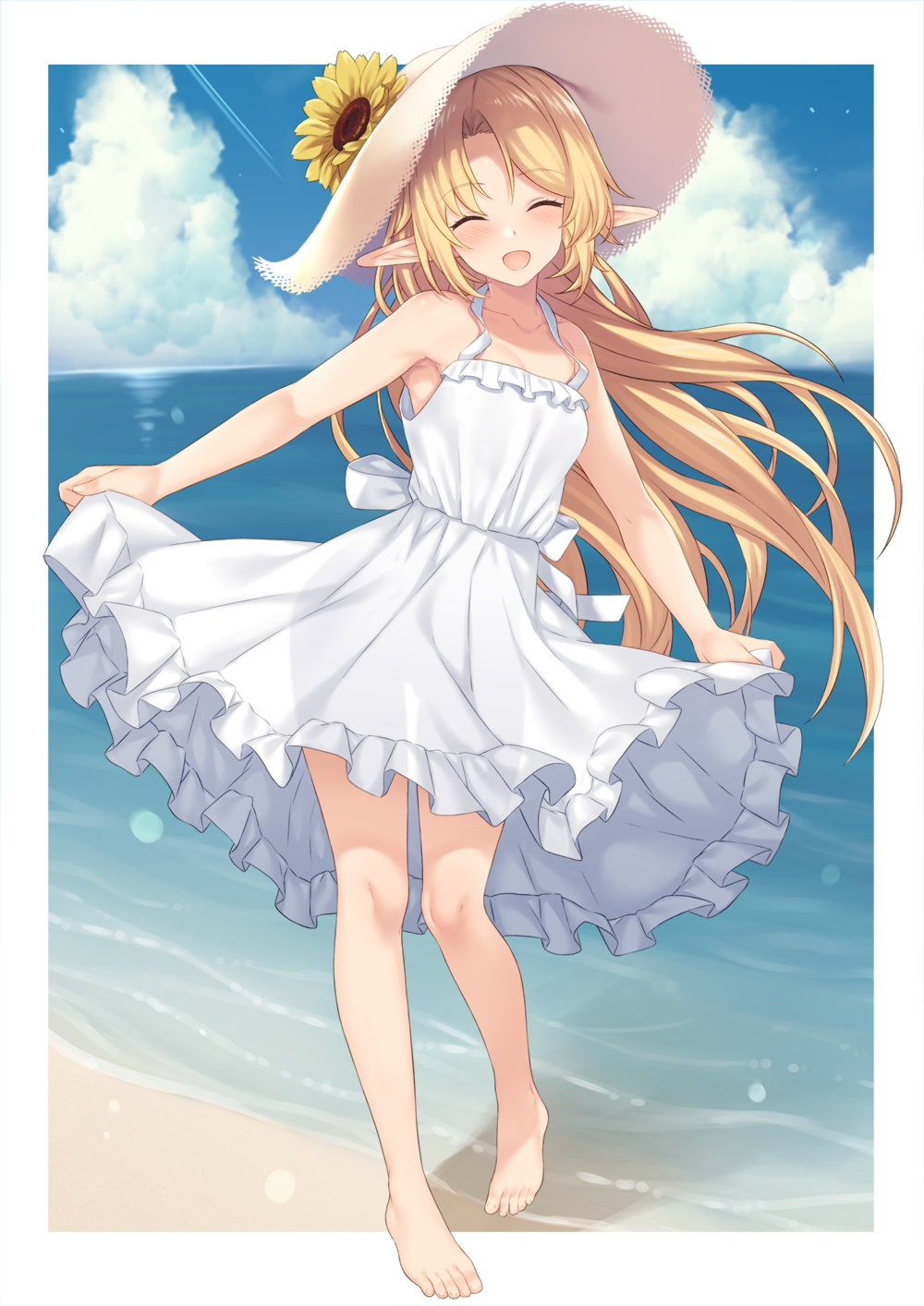 1girl bangs bare_shoulders barefoot beach blonde_hair blush breasts closed_eyes clouds collarbone commentary_request day dress elf eyebrows_visible_through_hair flower hat hat_flower highres long_hair medium_breasts ocean original pointy_ears solo sun_hat sundress sunflower takunomi water white_dress