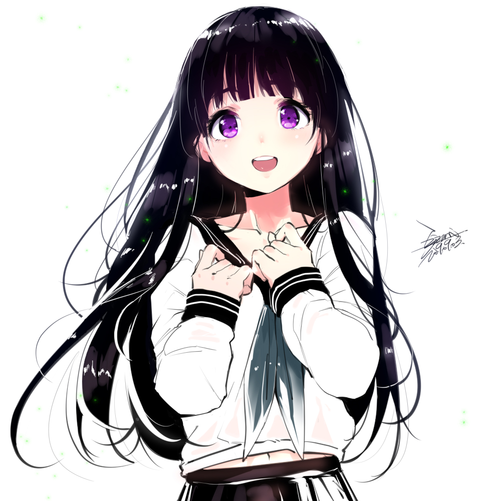 1girl black_hair black_sailor_collar black_skirt chinese_commentary chitanda_eru commentary_request dated ejami grey_neckwear hyouka long_hair looking_at_viewer neckerchief open_mouth round_teeth sailor_collar school_uniform serafuku signature simple_background skirt smile solo teeth upper_body upper_teeth violet_eyes white_background