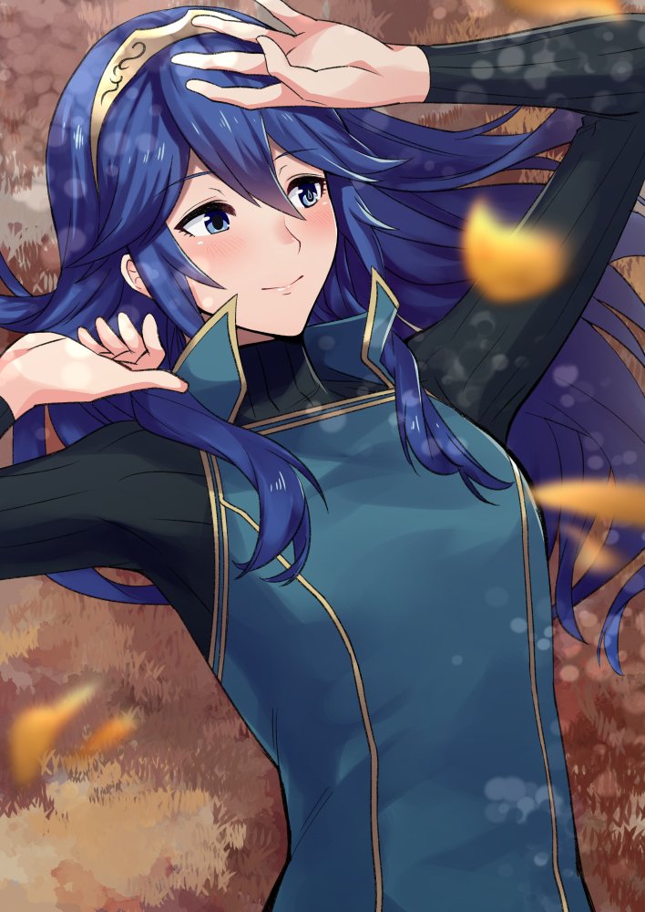 1girl a_meno0 arm_up black_sweater blue_eyes blue_hair blurry_foreground blush brown_hairband closed_mouth eyebrows_visible_through_hair fire_emblem fire_emblem_awakening hair_between_eyes hairband long_hair long_sleeves looking_to_the_side lucina lucina_(fire_emblem) lying on_back outdoors ribbed_sweater shiny shiny_hair smile solo sweater turtleneck turtleneck_sweater upper_body very_long_hair