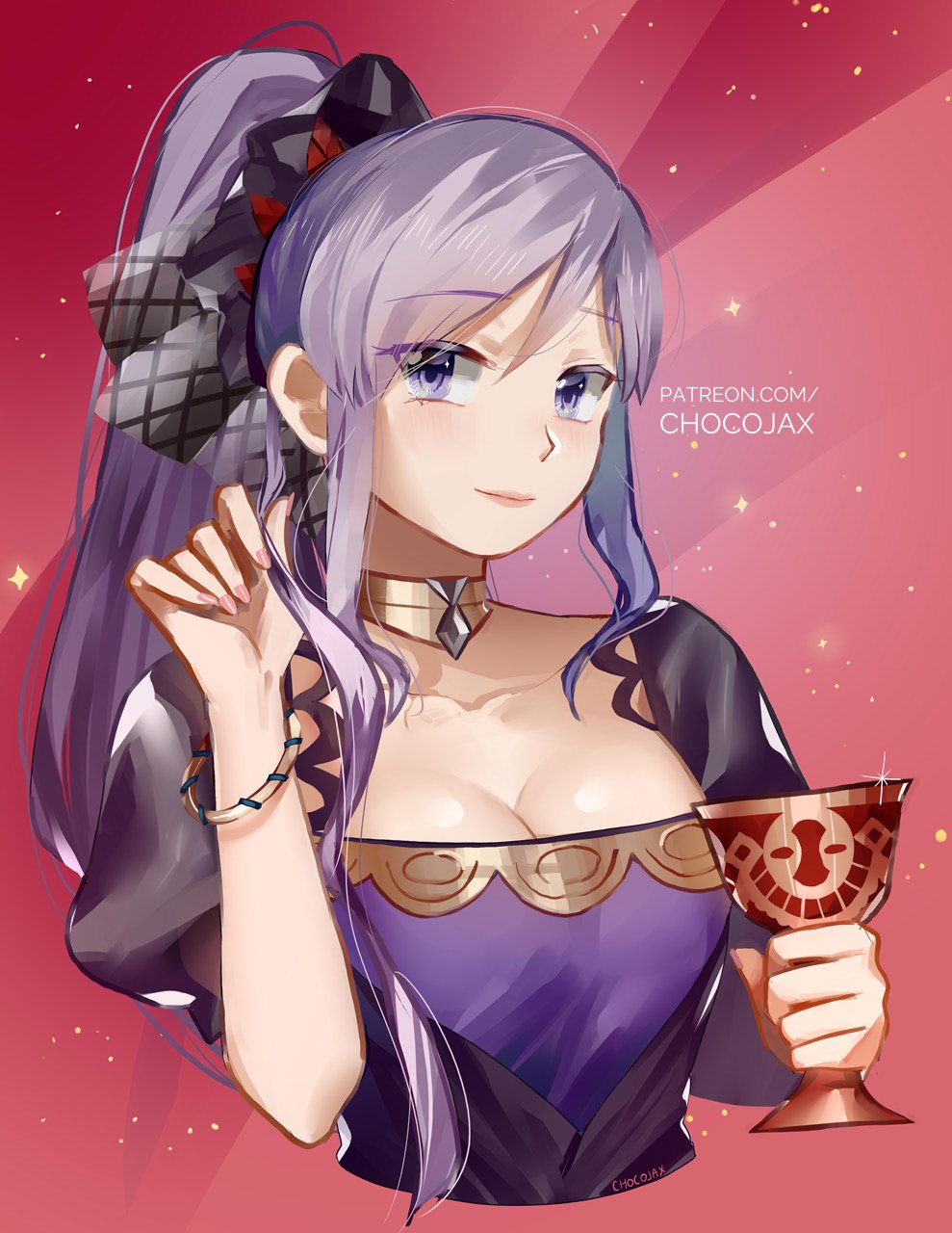 1girl bracelet breasts chocojax choker cross_choker dress earrings fire_emblem fire_emblem:_genealogy_of_the_holy_war fire_emblem_heroes gloves highres ishtar_(fire_emblem) jewelry large_breasts lavender_hair long_hair looking_at_viewer medium_breasts ponytail purple_dress side_ponytail silver_hair simple_background smile solo violet_eyes