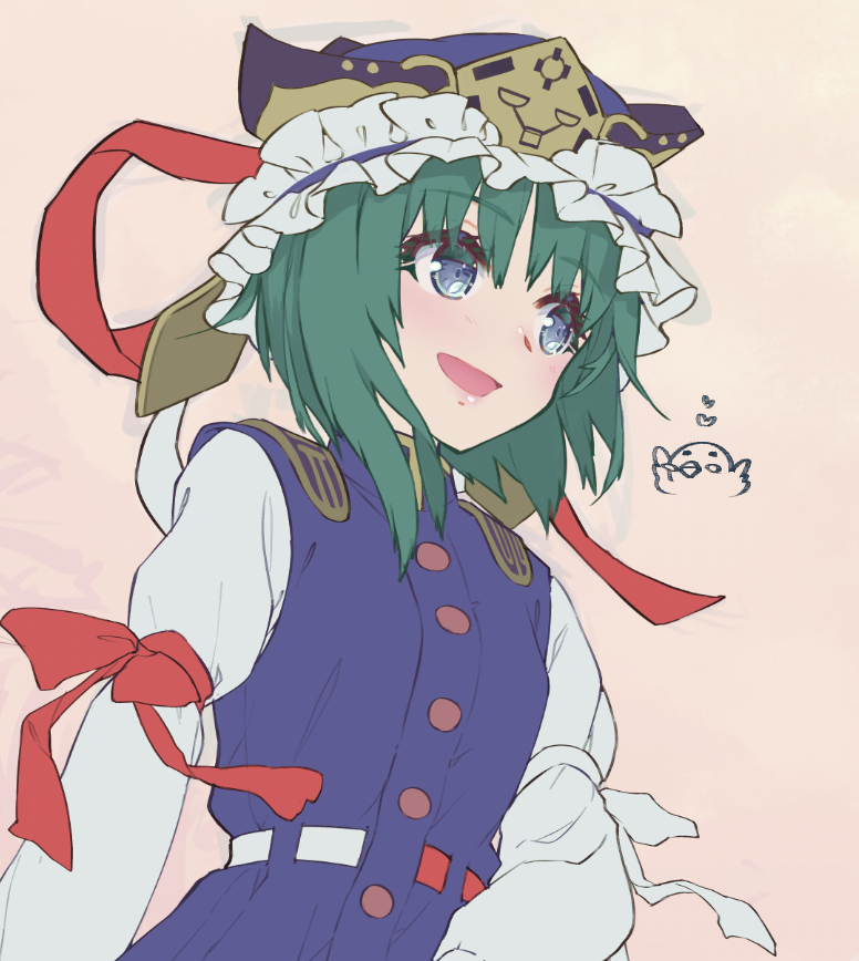 1girl :d arm_ribbon bangs beige_background blue_eyes blue_headwear blue_vest blush commentary_request epaulettes eyebrows_visible_through_hair frilled_hat frills green_hair hat hat_ribbon heart juliet_sleeves long_sleeves open_mouth puffy_sleeves red_ribbon ribbon shiki_eiki shirt short_hair smile solo syuri22 touhou upper_body vest white_ribbon white_shirt