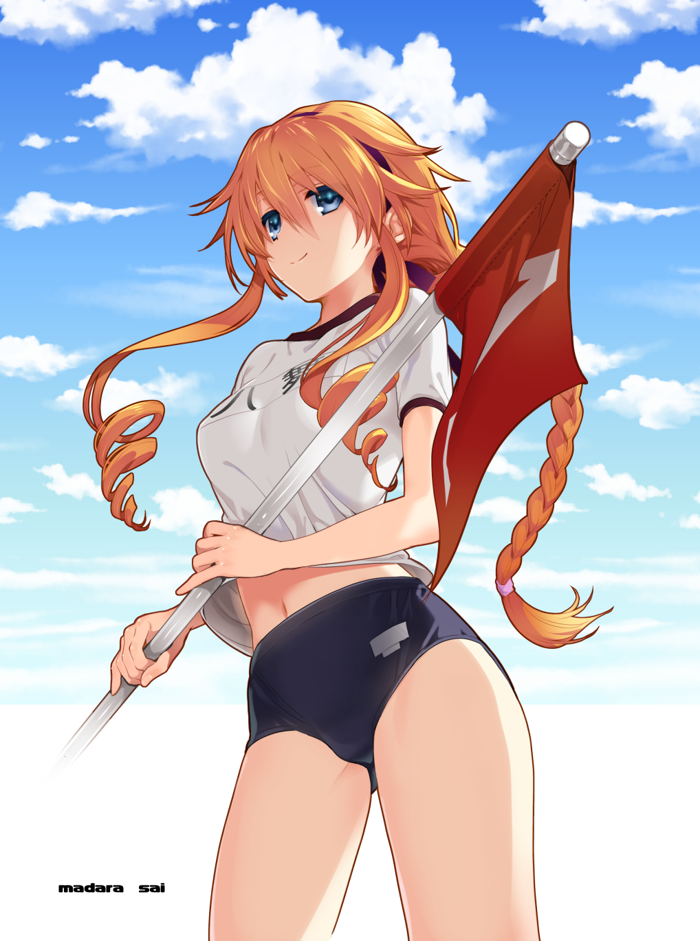 1girl artist_name blonde_hair blue_buruma blue_eyes blue_sky braided_ponytail breasts buruma character_name closed_mouth clouds cwind date_a_live day drill_hair eyebrows_visible_through_hair flag floating_hair gym_uniform hair_between_eyes hairband highres holding holding_flag long_hair madara_sai medium_breasts midriff navel outdoors ponytail purple_hairband shirt short_sleeves sky smile solo standing stomach twin_drills very_long_hair white_shirt yamai_yuzuru