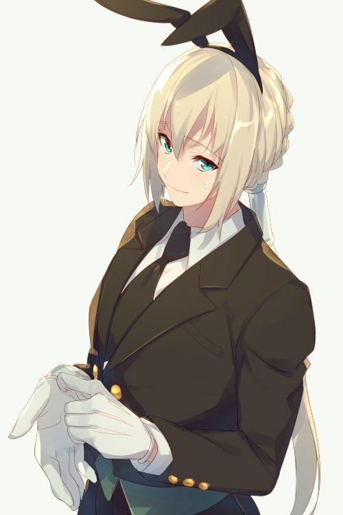 1boy adjusting_clothes adjusting_gloves alternate_costume animal_ears bedivere black_neckwear black_suit braid buttons cis05 commentary_request eyebrows_visible_through_hair fate/grand_order fate_(series) formal french_braid gloves green_eyes grey_hair hair_between_eyes hair_ornament hair_tubes long_hair looking_at_viewer male_focus necktie nervous nervous_smile ponytail rabbit_ears shirt simple_background smile solo suit white_gloves white_shirt