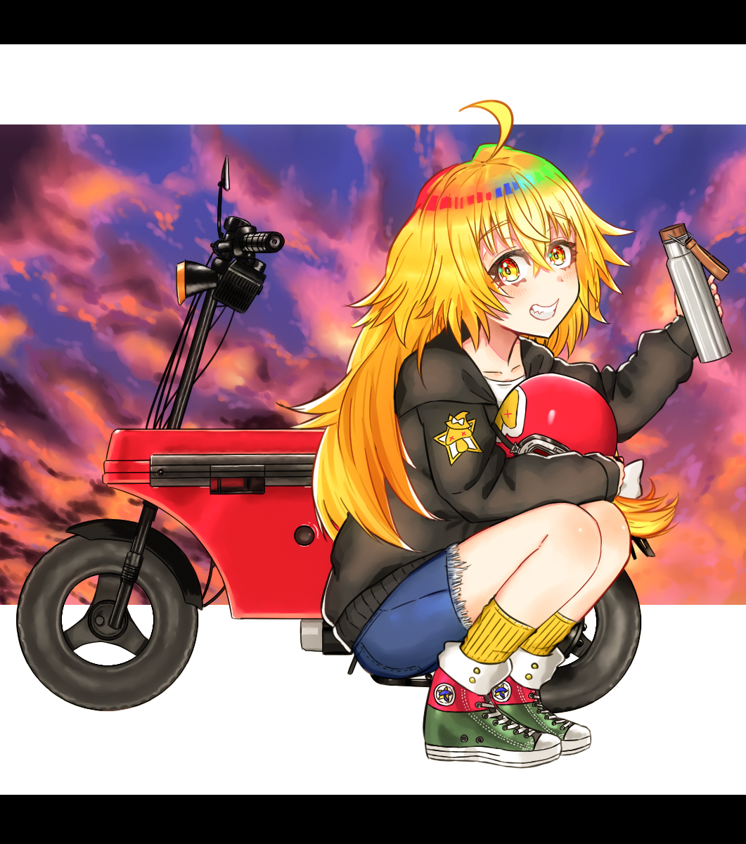 1girl ahoge alternate_costume bangs black_jacket blonde_hair blush casual clouds commentary_request contemporary denim denim_shorts eyebrows_visible_through_hair green_footwear grin ground_vehicle hair_between_eyes hand_up helmet highres holding hood hooded_jacket jacket kirisame_marisa letterboxed long_hair long_sleeves looking_at_viewer motor_vehicle motorcycle motorcycle_helmet no_hat no_headwear noritamaru open_clothes open_jacket shirt shoes shorts smile sneakers socks solo squatting star sunset touhou white_background white_shirt yellow_eyes yellow_legwear