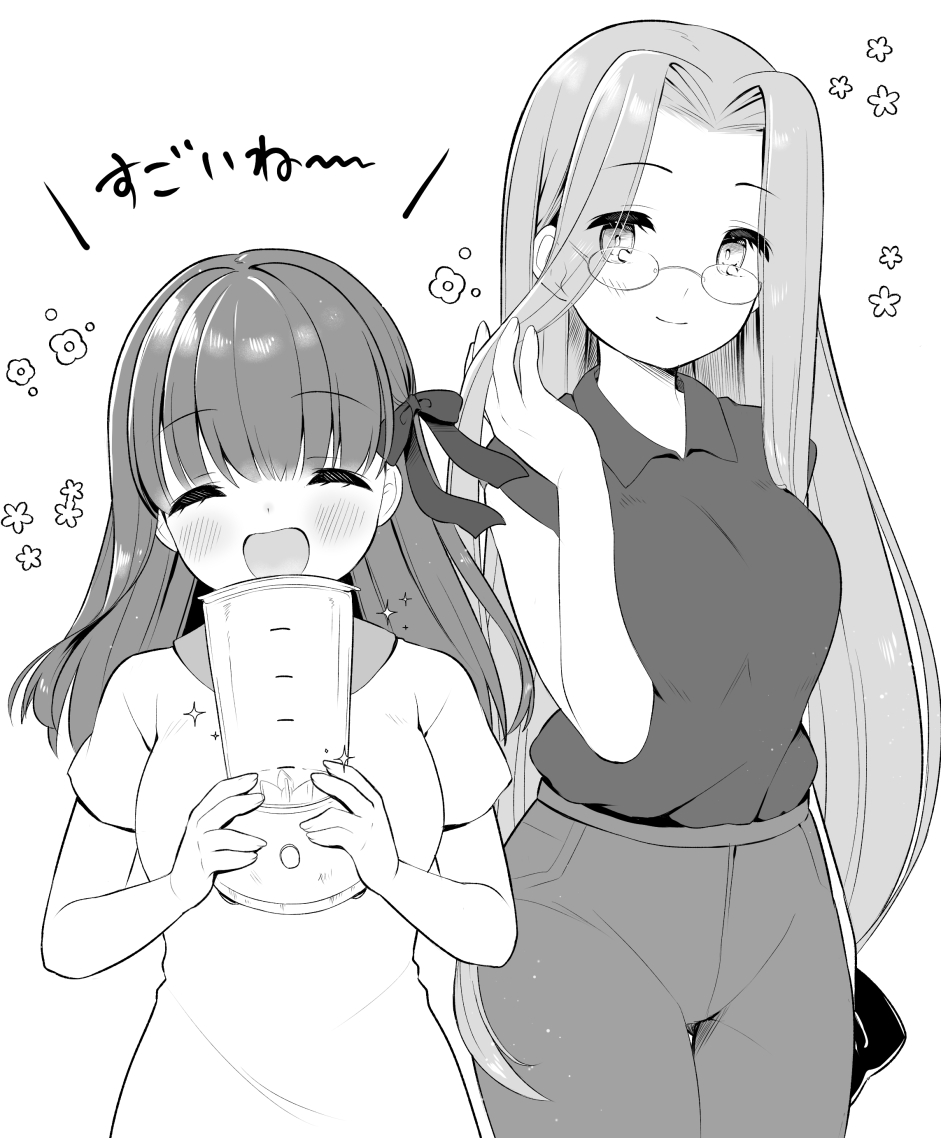 2girls aizawa85 bangs blush breasts closed_eyes commentary_request cute dress emiya-san_chi_no_kyou_no_gohan eyebrows_visible_through_hair fate/hollow_ataraxia fate/stay_night fate_(series) glasses greyscale hair_ribbon heaven's_feel holding large_breasts long_hair looking_at_viewer matou_sakura medusa_(fate)_(all) mixer_(cooking) moe monochrome multiple_girls ribbon rider shirt short_sleeves translation_request type-moon ufotable