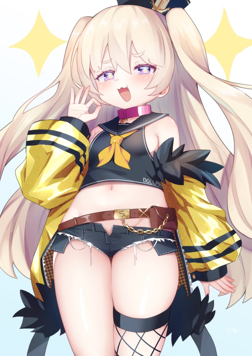 1girl :3 :d anchor azur_lane bache_(azur_lane) bangs bare_shoulders belt belt_buckle black_headwear black_sailor_collar black_shirt black_shorts blue_background brown_belt buckle collarbone commentary_request crop_top dollar_sign eyebrows_visible_through_hair fang fingernails fishnet_legwear fishnets gradient gradient_background groin hair_between_eyes highres jacket koko_ne_(user_fpm6842) light_brown_hair long_hair long_sleeves looking_at_viewer micro_shorts midriff navel neckerchief off_shoulder ok_sign open_clothes open_fly open_jacket open_mouth open_shorts orange_neckwear puffy_long_sleeves puffy_sleeves sailor_collar shirt shorts single_thighhigh skindentation sleeveless sleeveless_shirt sleeves_past_wrists smile solo sparkle thick_eyebrows thigh-highs thigh_gap tilted_headwear two_side_up very_long_hair violet_eyes white_background yellow_jacket
