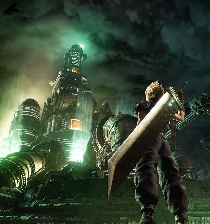 1boy blonde_hair boots buster_sword cloud_strife clouds cloudy_sky dark_sky english_commentary final_fantasy final_fantasy_vii from_behind gloves glowing materia official_art scenery shoulder_armor sky solo spiky_hair square_enix sword tower weapon weapon_on_back