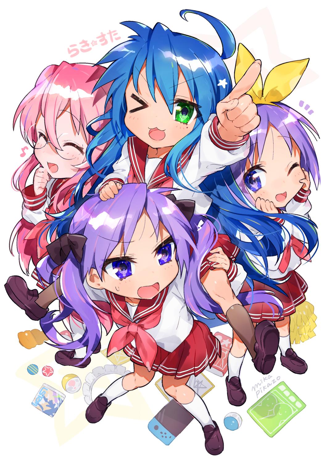 4girls :3 ahoge ball black_footwear black_ribbon blue_eyes blue_hair book carrying closed_eyes copyright_name full_body glasses green_eyes hair_ribbon hairband hands_on_own_face highres hiiragi_kagami hiiragi_tsukasa izumi_konata kneehighs loafers long_hair lucky_star maid_headdress mika_pikazo mole mole_under_eye multiple_girls neckerchief nintendo_switch one_eye_closed open_clothes petite pink_hair pink_neckwear pleated_skirt pom_poms purple_hair red_sailor_collar red_skirt ribbon ryouou_school_uniform sailor_collar school_uniform serafuku shoes short_hair shoulder_carry simple_background skirt smile takara_miyuki twintails white_background white_legwear