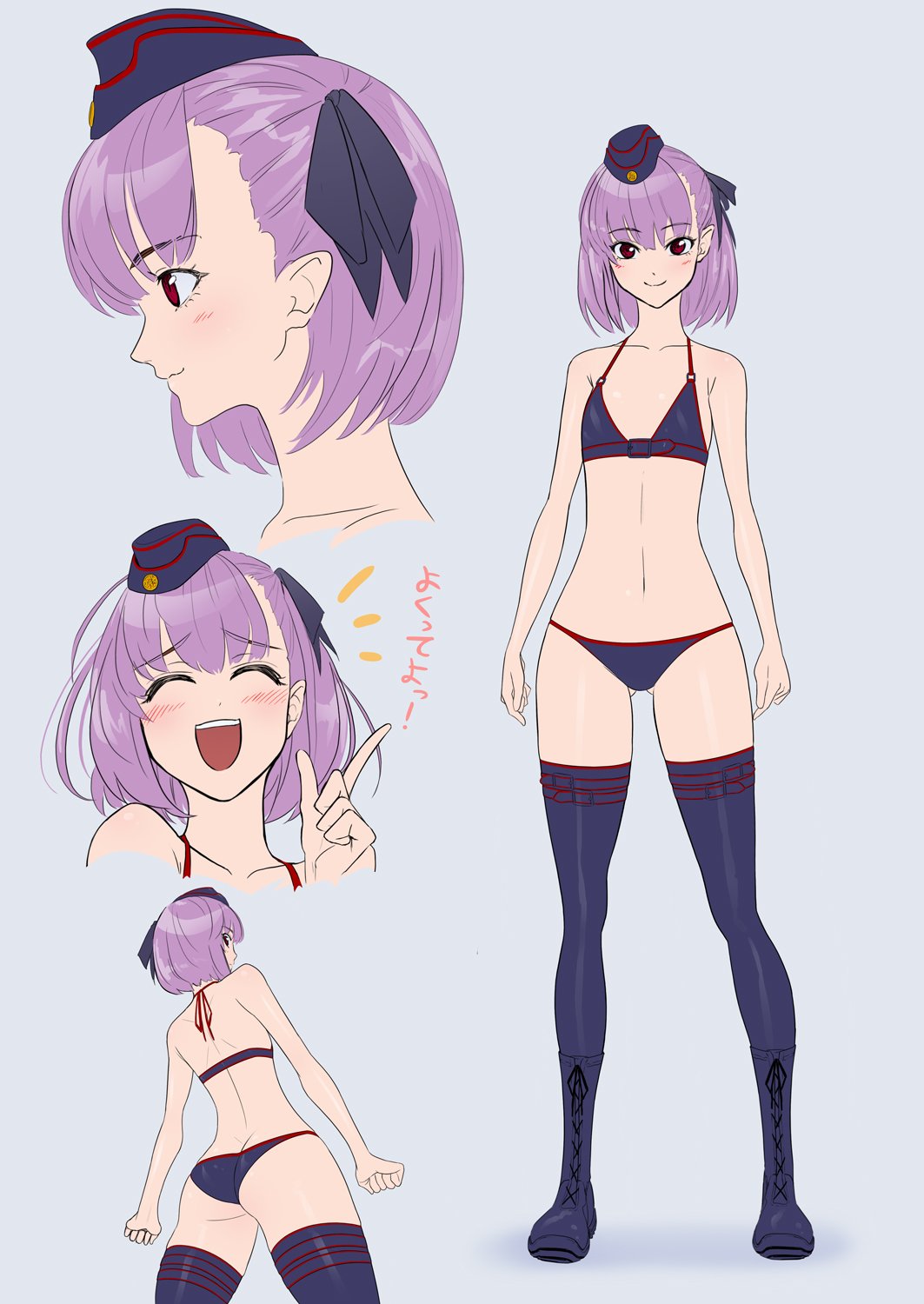 1girl ass ass_visible_through_thighs bikini_bottom bikini_top boots breasts character_sheet closed_eyes commentary_request eyebrows_visible_through_hair fate/grand_order fate_(series) garrison_cap hair_ribbon hat helena_blavatsky_(swimsuit_archer)_(fate) highres imizu_(nitro_unknown) navel open_mouth purple_hair red_eyes ribbon short_hair small_breasts smile solo thigh-highs thigh_boots translated