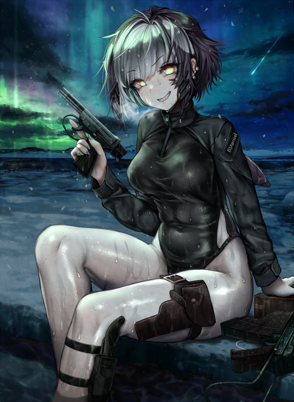 1girl aurora black_hair black_swimsuit breasts breath brown_eyes clouds commentary covered_navel danielle_brindle ear_piercing fingernails green_nails grin gun hair_ornament hairclip handgun highres holding holding_gun holding_weapon knife long_sleeves looking_at_viewer medium_breasts multicolored_hair nail_polish night one-piece_swimsuit original outdoors piercing pistol purple_nails sharp_teeth silver_hair sitting smile snow solo swimsuit teeth two-tone_hair water weapon weapon_request wet