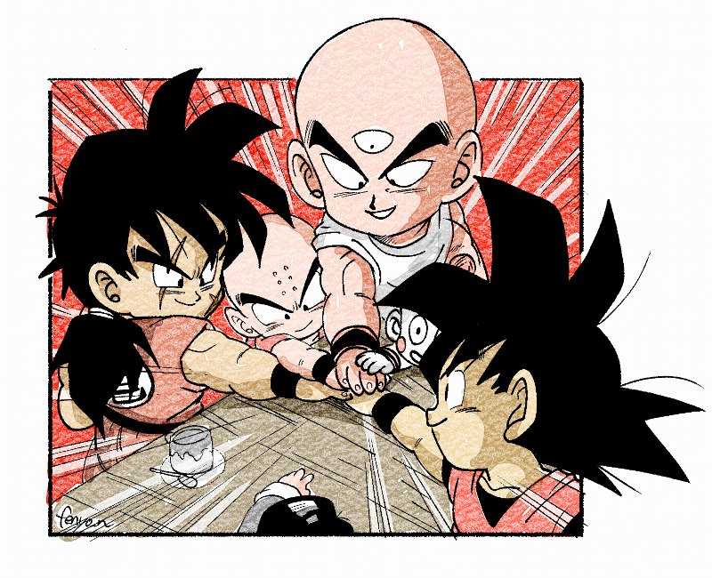 6+boys bald black_eyes black_hair blush_stickers bowl_cut chaozu clothes_writing commentary_request cup dougi dragon_ball dragon_ball_z facial_scar facing_away fenyon fingernails frown grin hands_together head_out_of_frame kuririn long_hair looking_down male_focus multiple_boys outside_border outstretched_hand pale_skin parted_lips ponytail profile saucer scar scar_on_cheek shirt simple_background sleeves_rolled_up smile son_gohan son_gokuu spiky_hair spoon table teacup tenshinhan third_eye twitter_username upper_body v-shaped_eyebrows white_background white_shirt wristband yamcha