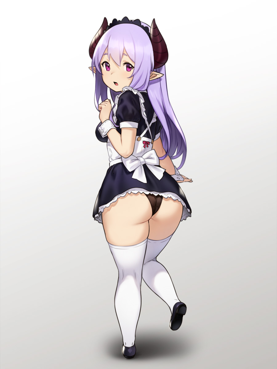 1girl ass bangs black_footwear black_panties breasts from_behind full_body gradient gradient_background hand_up highres horns houtengeki long_hair looking_at_viewer looking_back maid medium_breasts open_mouth original panties pointy_ears puffy_short_sleeves puffy_sleeves purple_hair shoes short_sleeves short_stack simple_background solo thick_thighs thigh-highs thighs underwear violet_eyes white_legwear wrist_cuffs