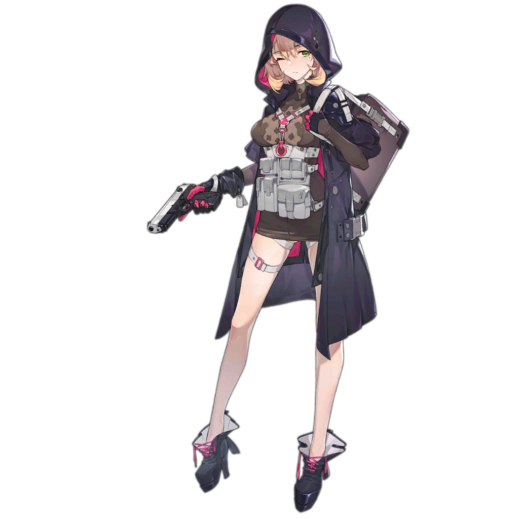 1girl bag bangs beretta_px4 black_coat blonde_hair blush boots breasts brown_dress buckle character_name closed_mouth copyright_name cross-laced_footwear curly_hair dog_tags dress full_body girls_frontline gloves green_eyes gun handgun high_heel_boots high_heels holding holding_gun holding_strap holding_weapon hood hood_up hooded_coat lace-up_boots large_breasts load_bearing_equipment logo long_coat long_sleeves looking_at_viewer mole mole_under_eye multicolored multicolored_clothes multicolored_gloves o-ring official_art one_eye_closed pistol pouch px4_storm_(girls_frontline) rainli short_dress short_hair sidelocks skin_tight skindentation solo standing tareme thigh_strap transparent_background trigger_discipline weapon
